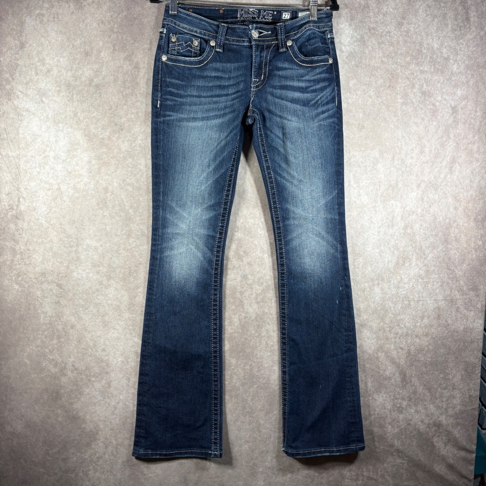 Miss Me Jeans Womens 27 Blue Signature Rise Bootcut Flare Embellished Distressed